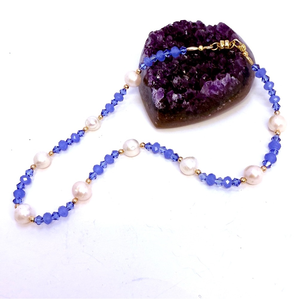 Artisan Blue Crystal and Freshwater Pearl Beaded choker necklace